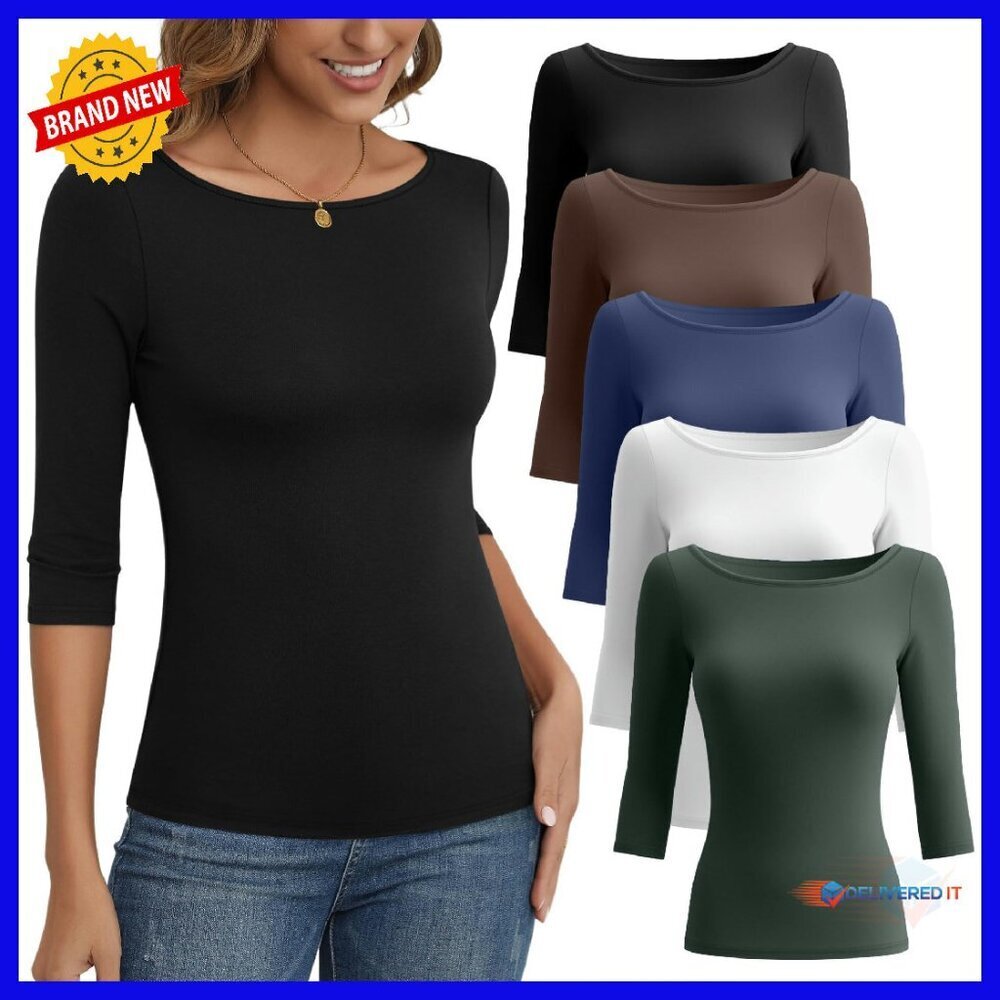 Women's 3/4 Sleeve Slim Fit Boat Neck T-Shirts 5-Pack Cotton Blend